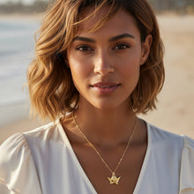 Load image into Gallery viewer, A gold chain necklace featuring a small winged angel pendant, displayed on a model.