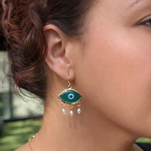 Load image into Gallery viewer, IOS Glass Evil Eye & Pearls Drop Earrings