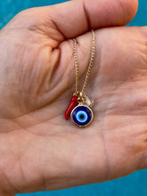 Load image into Gallery viewer, Lucky Evil Eye Necklace with Cornicello & Protective Herkimer Crystal