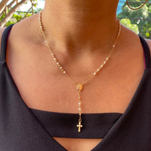 Load image into Gallery viewer, Mini Rosary Cross "Y" Pearl Necklace