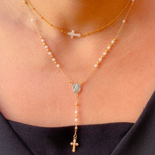 Load image into Gallery viewer, Mini Rosary Cross "Y" Pearl Necklace