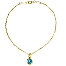 Load image into Gallery viewer, A delicate gold chain necklace with a small evil eye pendant featuring blue and white details, set against a plain white background.