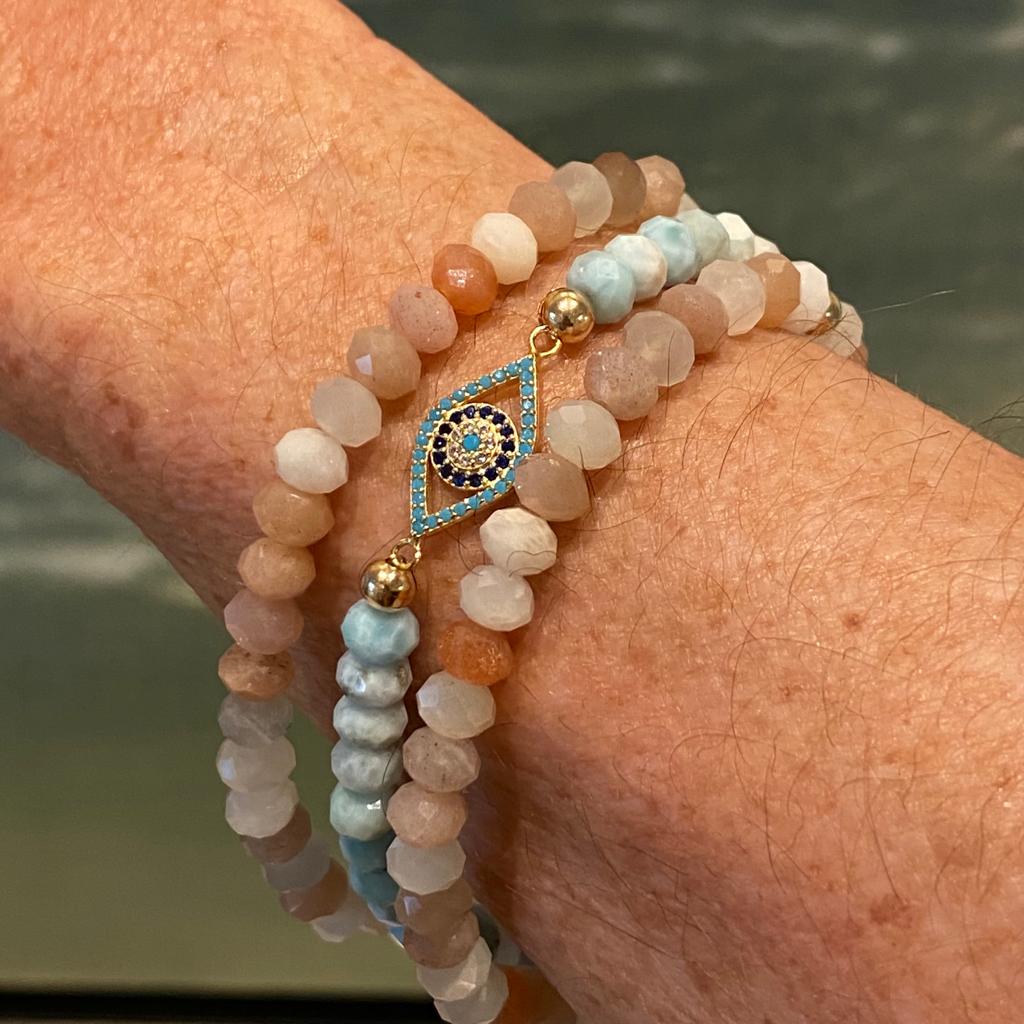 Amazonite & Rainbow Eye Blue elastic Moonstone TRIO