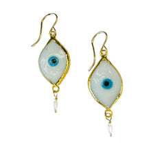 Load image into Gallery viewer, IOS Glass Evil Eye & Pearls Drop Earrings