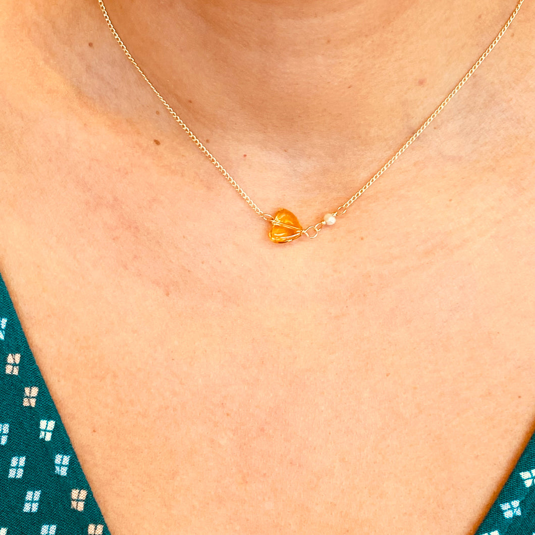Tiny Citrine Heart & Pearl Necklace