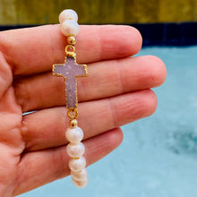 Load image into Gallery viewer, Cross-My-Heart Druzy Cross and Pearls elastic bracelet
