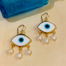 Load image into Gallery viewer, IOS Glass Evil Eye & Pearls Drop Earrings