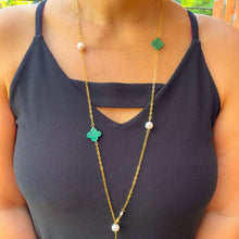 Load image into Gallery viewer, Malachite Clovers & Pearls Necklace - Long