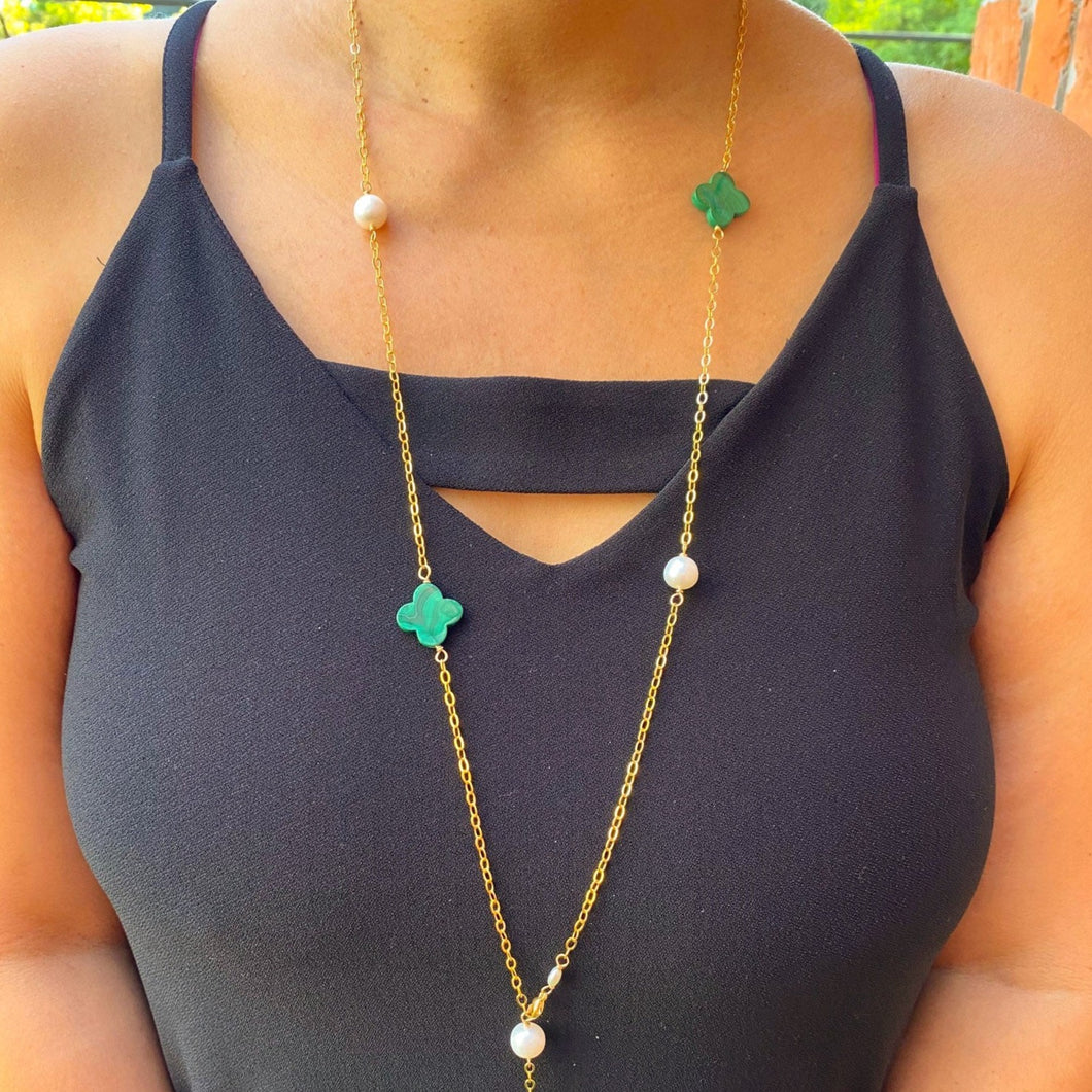 Malachite Clovers & Pearls Necklace - Long