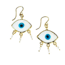 Load image into Gallery viewer, IOS Glass Evil Eye & Pearls Drop Earrings