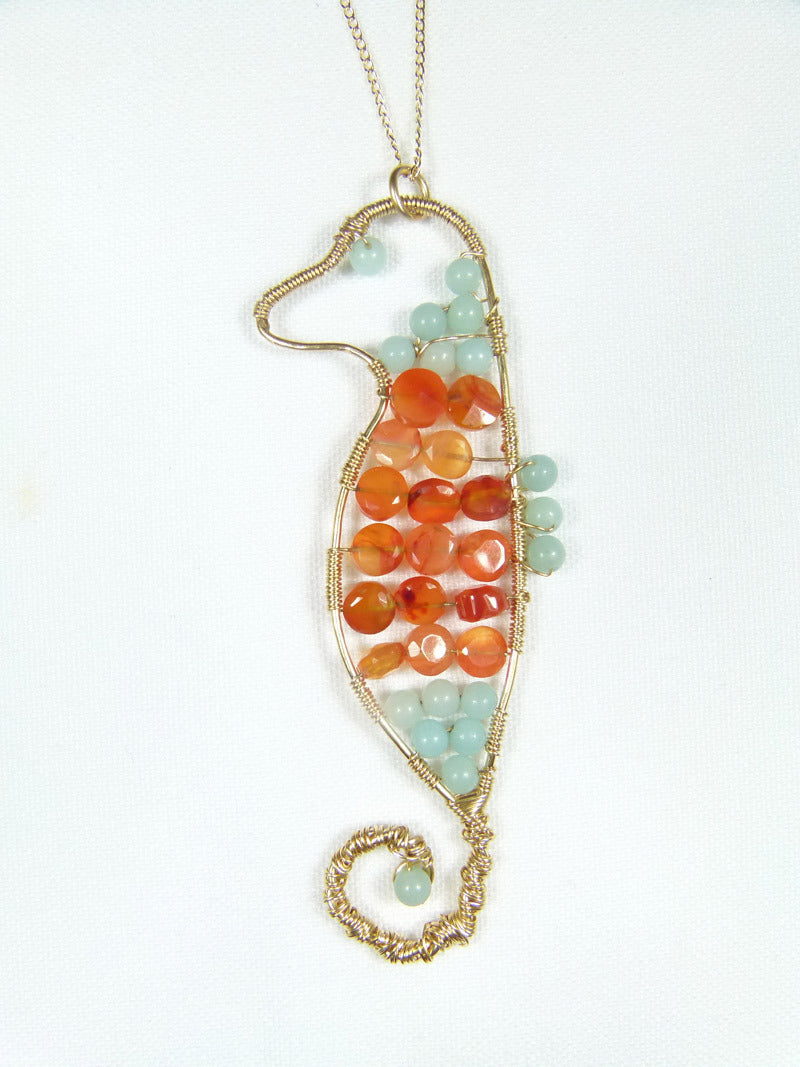 Handcrafted Carnelian and Blue Amazonite Seahorse Necklace (medium)