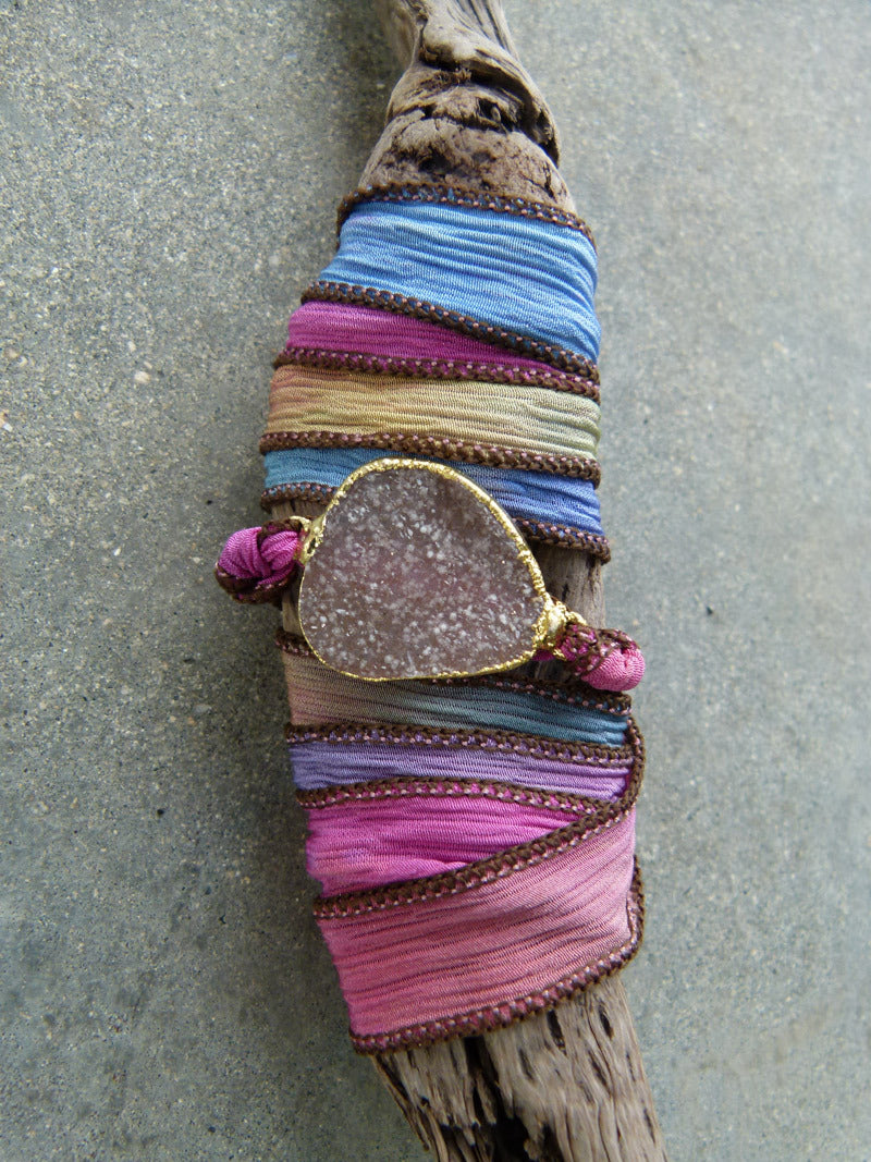 Druzy Silk Wrap Bracelet Pink and Blue