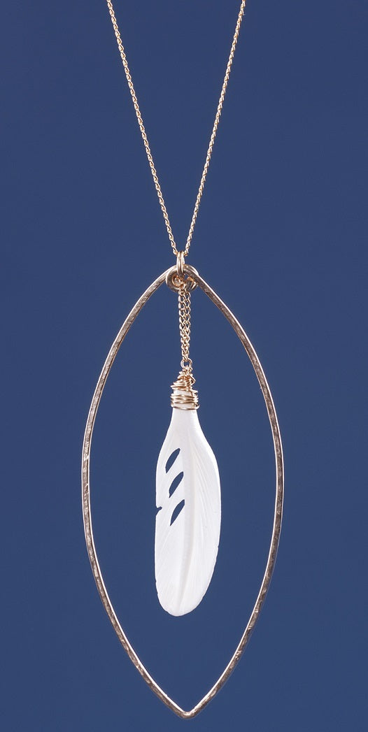 .Almond shape Frame long Necklace with a dangling horn feather