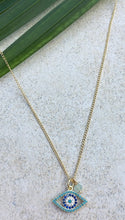 Load image into Gallery viewer, Evil Eye of cubic zirconia with tiny Aquamarine Necklace