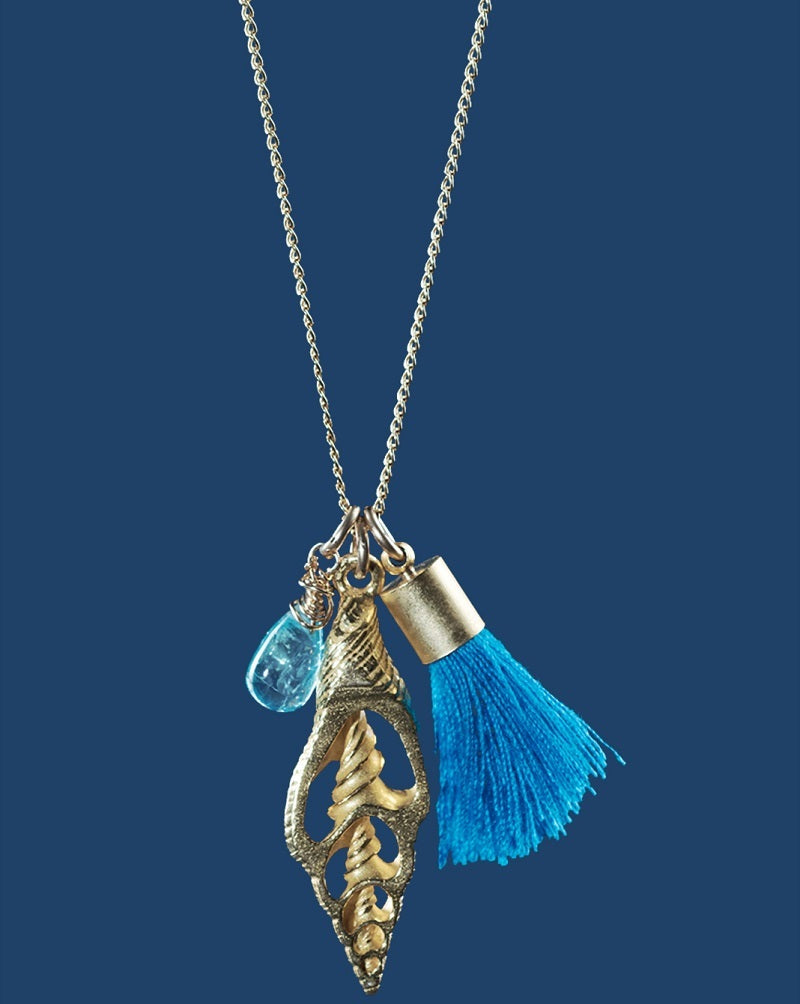 .Gold Shell, natural stone, & Blue tassel charm Necklace - 14kt Gold filled chain