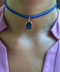 Square Lapis stone choker on a suede blue cord
