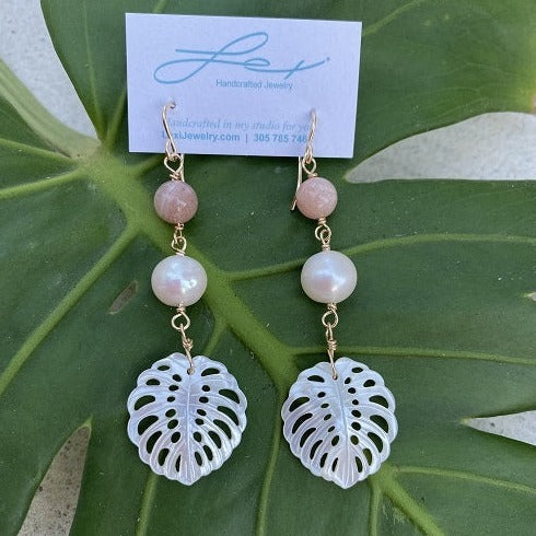 monstera leaf earrings Monstera Leaf Earrings w/Pearl and Rainbow Moonstone