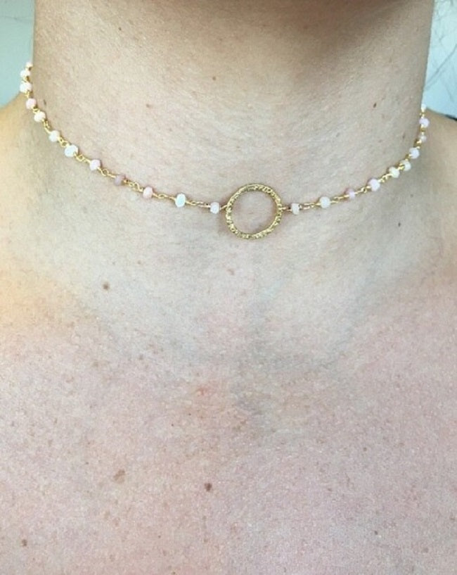.Brass Circle w/Pink Opal Rosary chain Choker