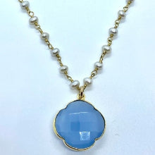 Load image into Gallery viewer, Blue Lace Agate Clover and Rosary Pearl Necklace
