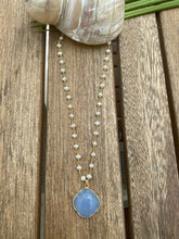 Load image into Gallery viewer, Blue Lace Agate Clover and Rosary Pearl Necklace