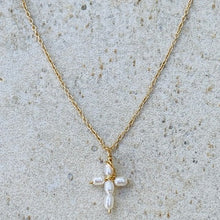 Load image into Gallery viewer, 14KT Gold Tiny White Pearls Cross Necklace