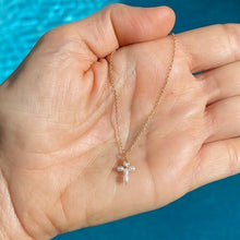 Load image into Gallery viewer, 14KT Gold Tiny White Pearls Cross Necklace