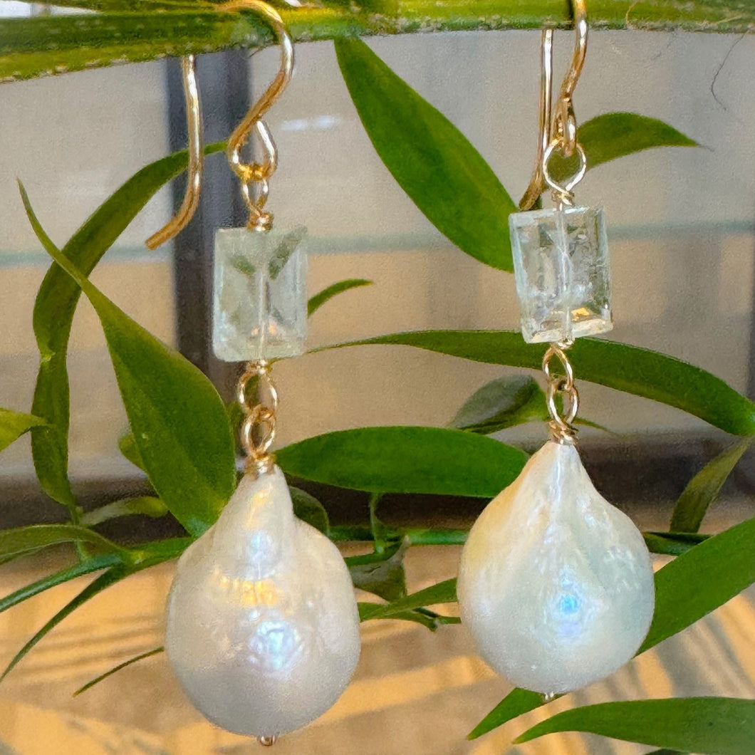 Baroque Pearl and square Aquamarine earrings