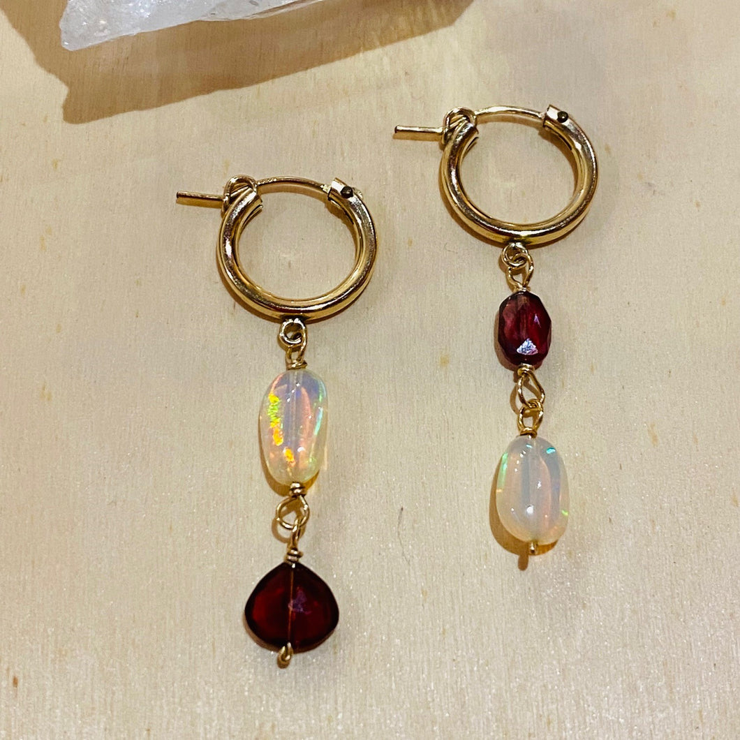 Opposites Attract - Ethiopian Opal & Garnet Hoop Earrings