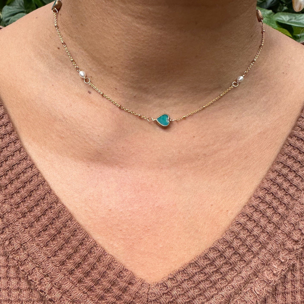 Turquoise Hearts and Pearls Necklace
