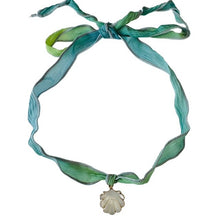 Load image into Gallery viewer, Mother of Pearl Scallop Shell &amp; Seafoam Silk Ribbon Choker
