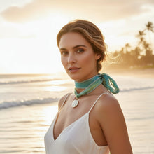 Load image into Gallery viewer, Mother of Pearl Scallop Shell &amp; Seafoam Silk Ribbon Choker
