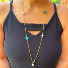Load image into Gallery viewer, Malachite Clovers &amp; Pearls Necklace - Long
