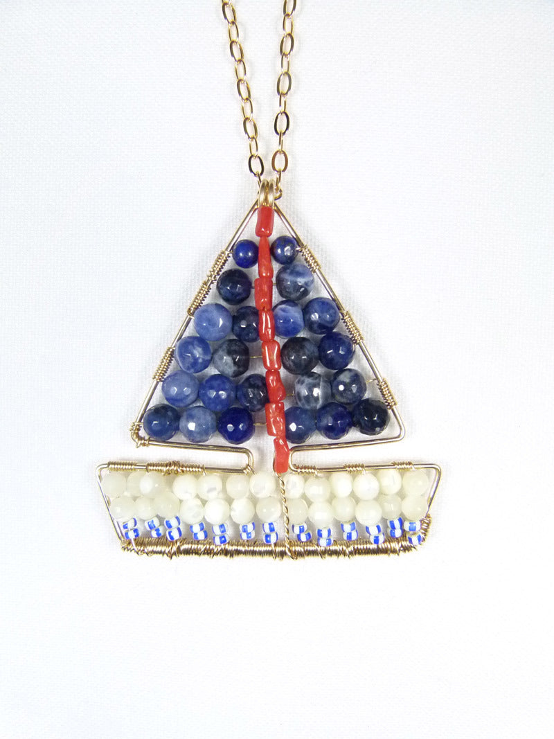 Handcrafted Mosaic Navy Sailboat Necklace