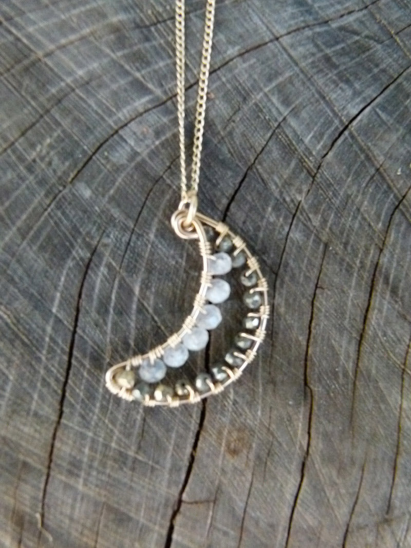 Mosaic Moon Necklace - Pyrite and Moonstone