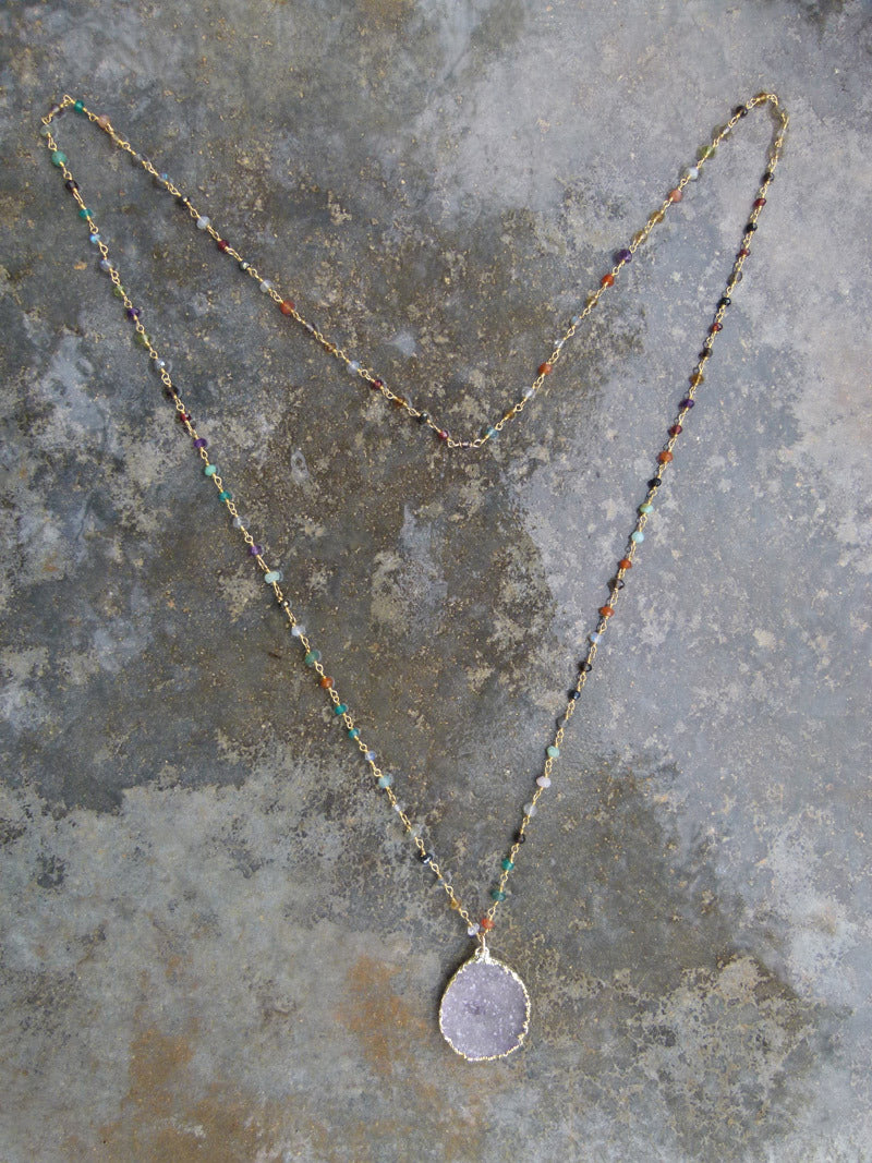 Druzy Necklace with Multi-Color Rosary chain