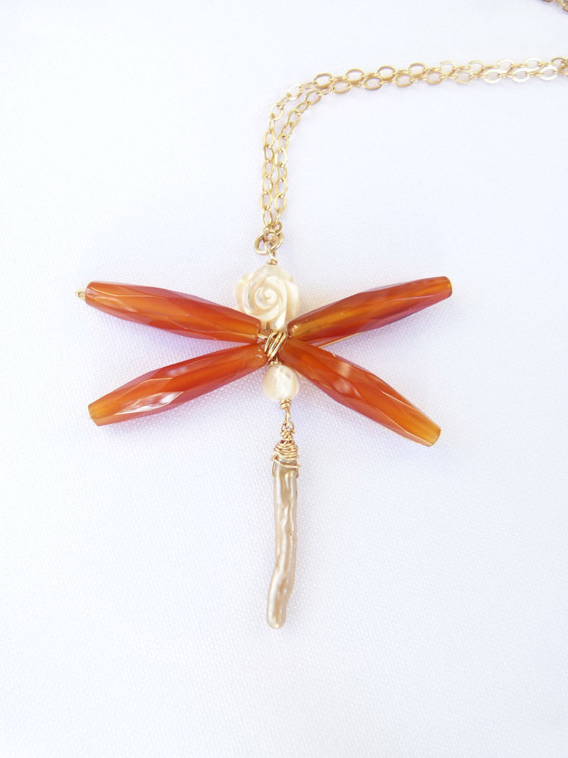 Handcrafted Dragonfly Necklace in Carnelian & Mother of Pearl