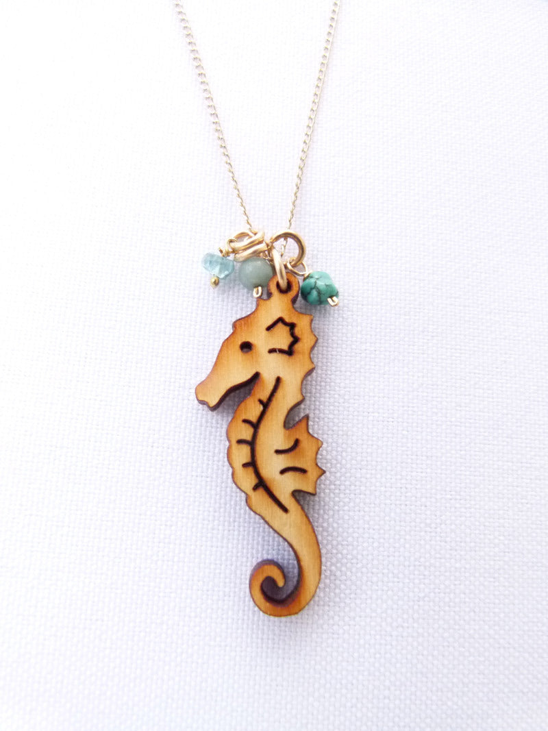 Seahorse Necklace with natural blue gemstones