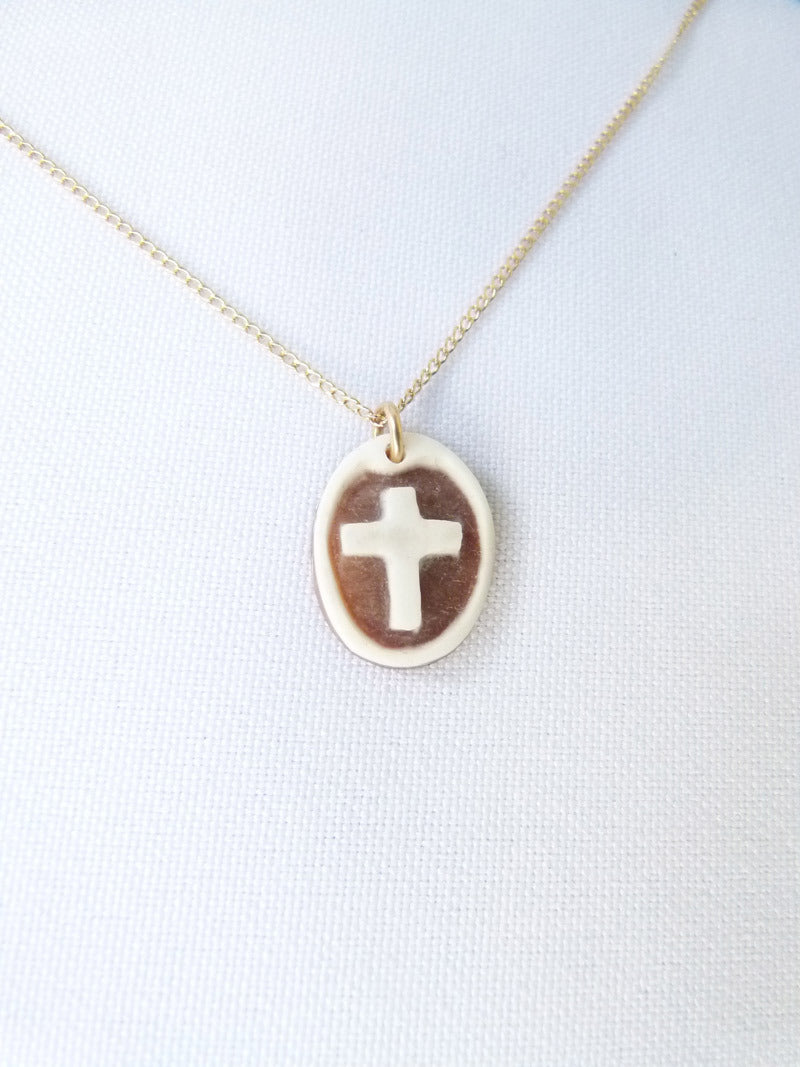 Hand carved Shell Cameo Necklace (Cross)