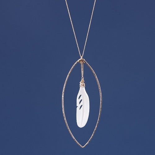 .Almond shape Frame long Necklace with a dangling horn feather