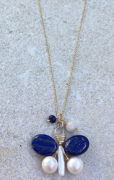 Handcrafted Lapis Lazuli and Pearl Butterfly Necklace