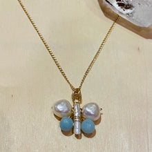 Load image into Gallery viewer, Handcrafted Butterfly Necklace - Pearls and Blue Amazonite
