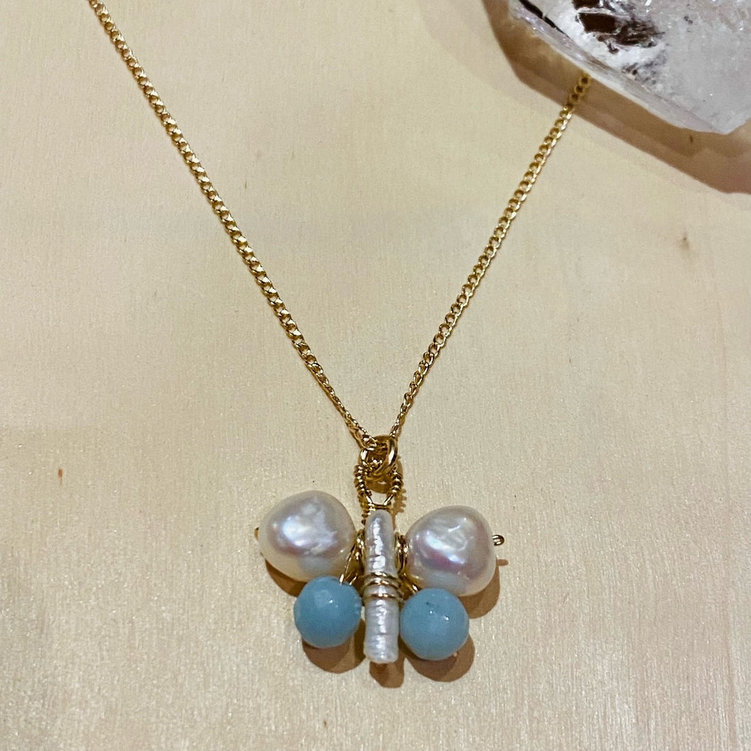 Handcrafted Butterfly Necklace - Pearls and Blue Amazonite