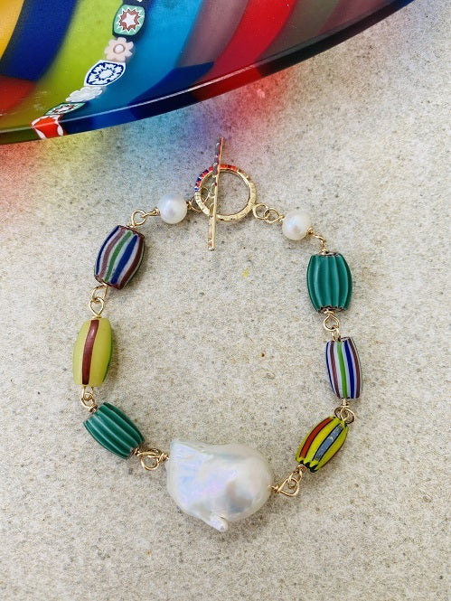 Rainbow & Baroque Pearl Toggle Bracelet