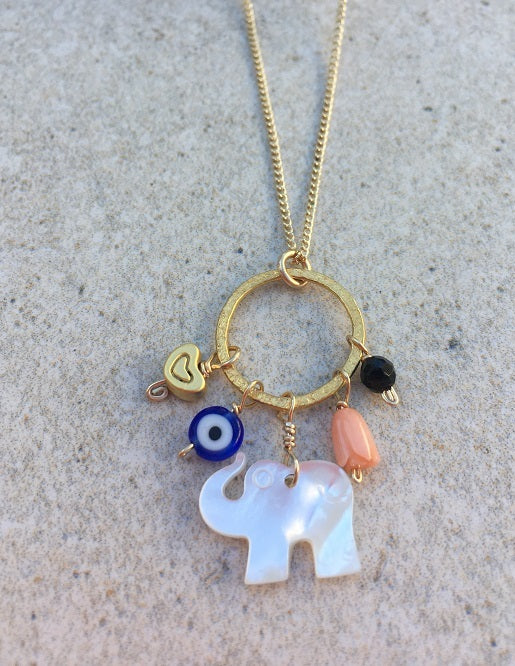 Tiny Mother of Pearl Elephant Necklace w/ protective charms