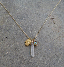 Load image into Gallery viewer, Crystal, Evil Eye &amp; Hamsa charm Necklace

