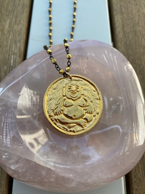 Happy Buddha Coin Necklace w/golden Pyrite Rosary chain