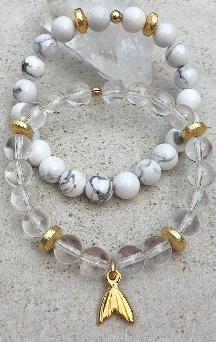Crystal Quartz and White gemstone elastic DUO Bracelets