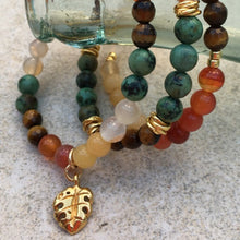 Load image into Gallery viewer, Trio elastic multi-colored Bracelets w/Leaf charm
