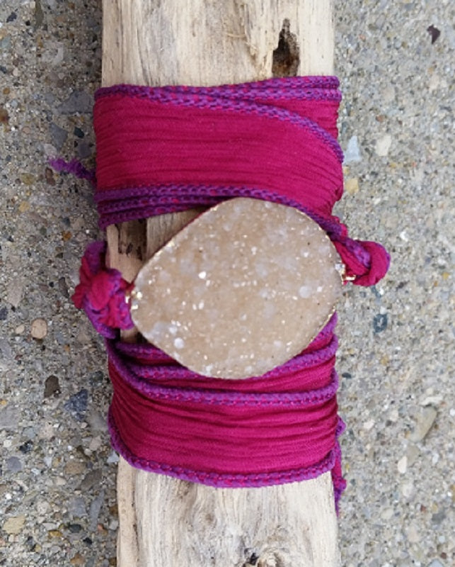 Druzy Silk Wrap Bracelet - Fuschia