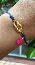Load image into Gallery viewer, .Gold Cowry adjustable silk cord Bracelet w/colored tassel

